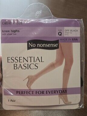 *SALE*Vintage No Nonsense Knee Highs Off Black Size Q Sheer Toe Nylon USA 1 Pair